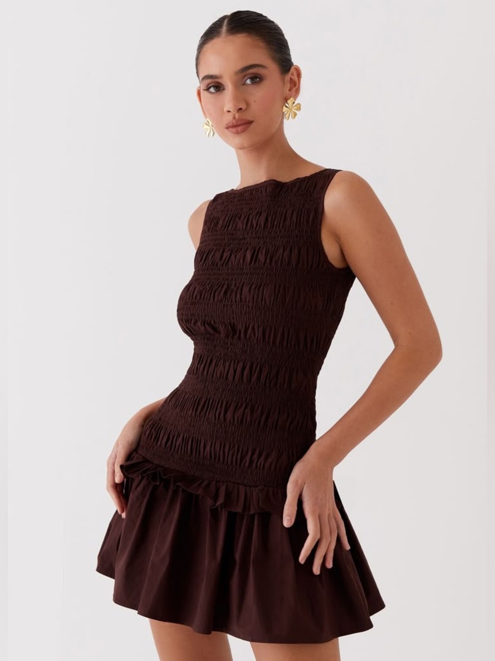 Peppermayo Garden Kisses Shirred Mini Dress in Chocolate - Size 10 - Picture 2 of 15